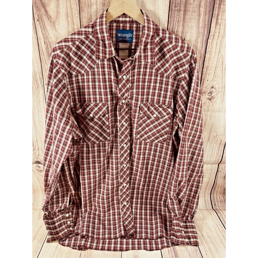 Wrangler Shirt‎ Mens X-Large Burgundy Western Pearl Snap Plaid Cowboy Rodeo XL